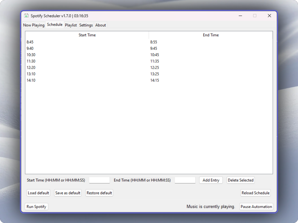 Screenshot of Schedule tab contains your Spotify playlist schedule - start and end times.